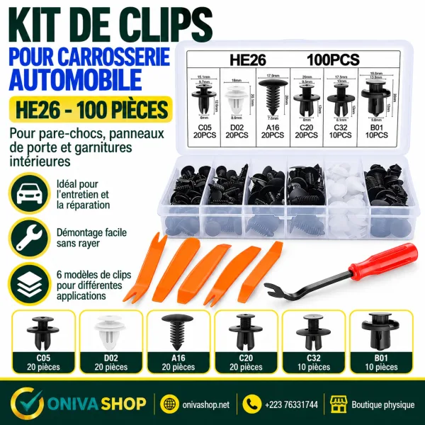 Kit de clips de fixation pour carrosserie automobile HE26 – 100 pièces