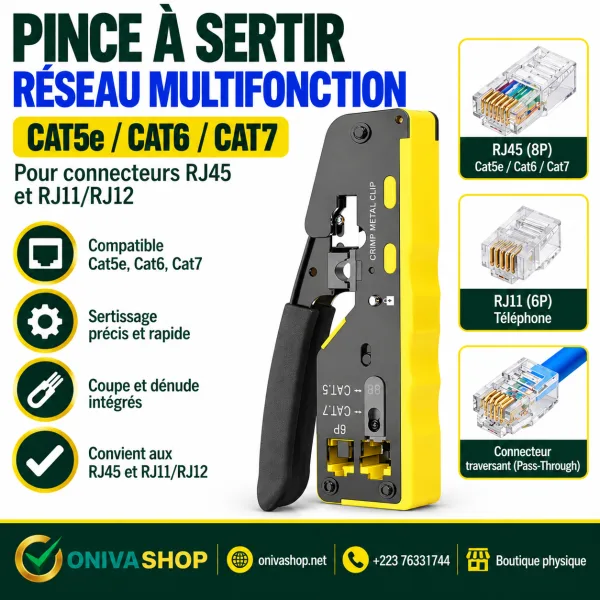 Pince à sertir réseau multifonction RJ45 / RJ11 / RJ12 – Cat5e, Cat6 et Cat7