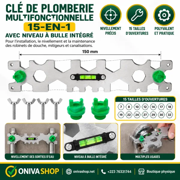 Clé de plomberie multifonction 15-en-1 avec niveau à bulle – entraxe 150 mm