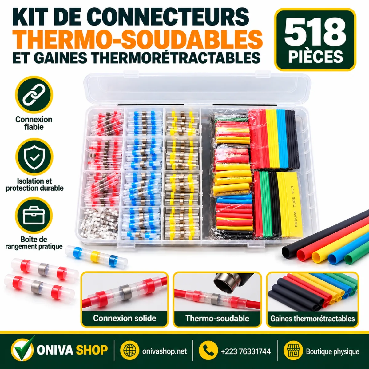 Kit de connecteurs thermo-soudables et gaines thermorétractables – 518 pièces