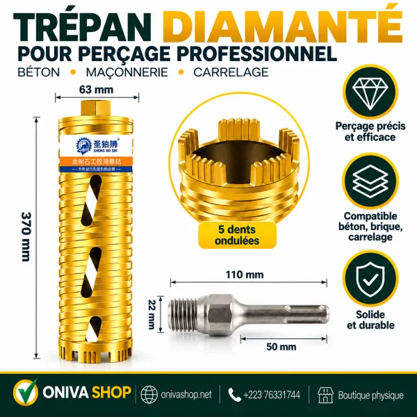 Trépan diamanté Ø 63 × 370 mm pour béton et maçonnerie avec adaptateur