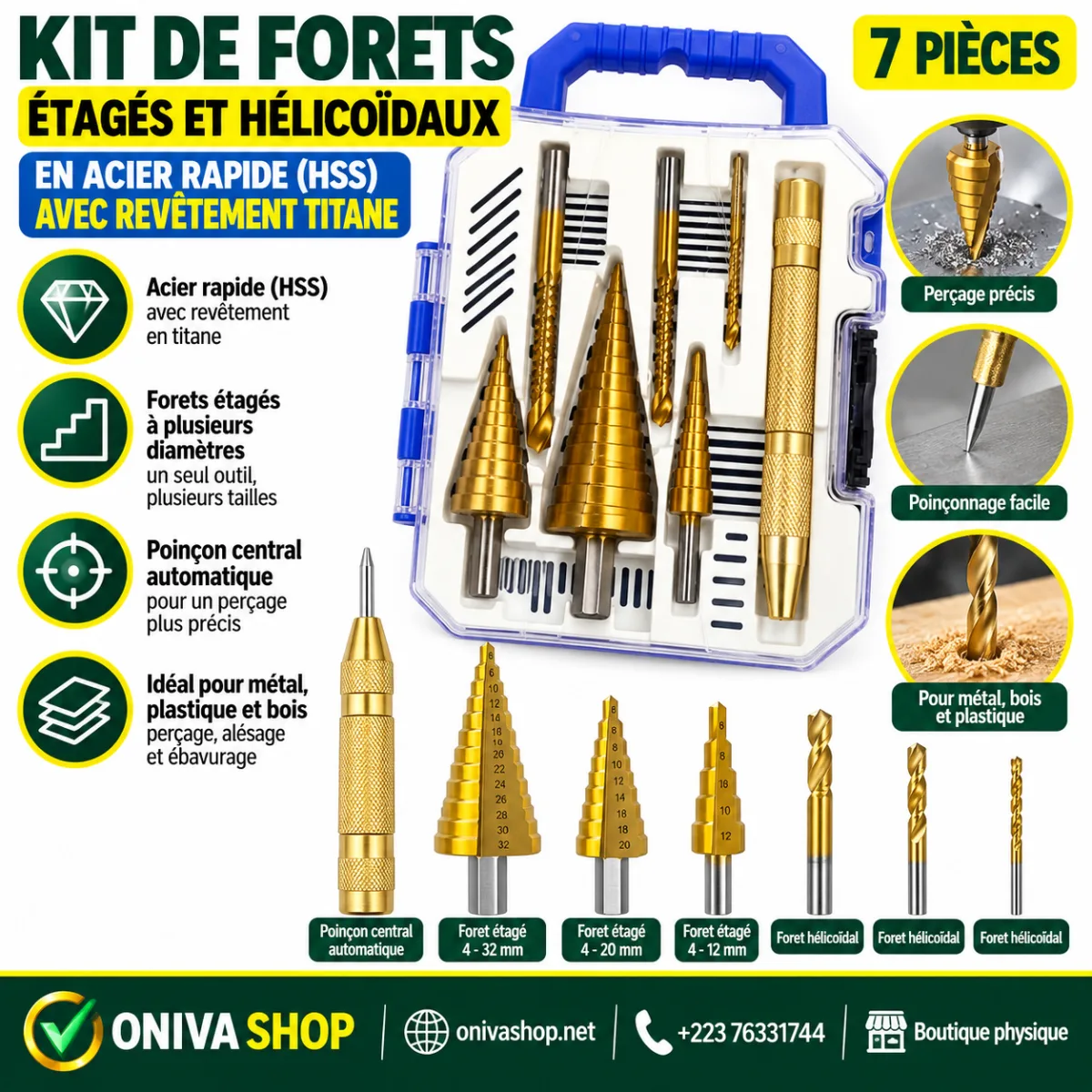 Kit de forets étagés et hélicoïdaux HSS avec poinçon automatique – 7 pièces