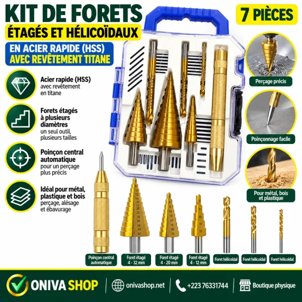 Kit de forets étagés et hélicoïdaux HSS avec poinçon automatique – 7 pièces