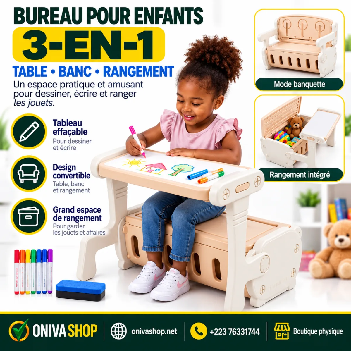 Bureau pour enfant convertible 3-en-1 avec banc et rangement intégré