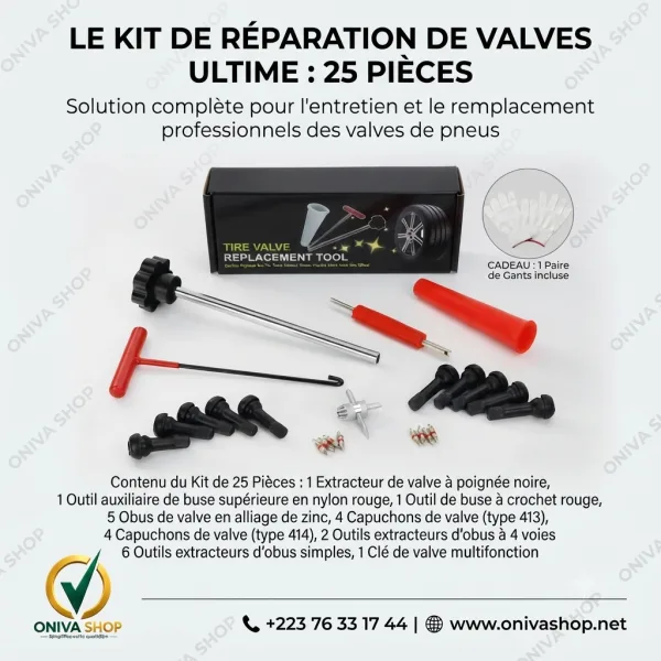 Kit Professionnel de Réparation de Valves de Pneus – 25 Pièces