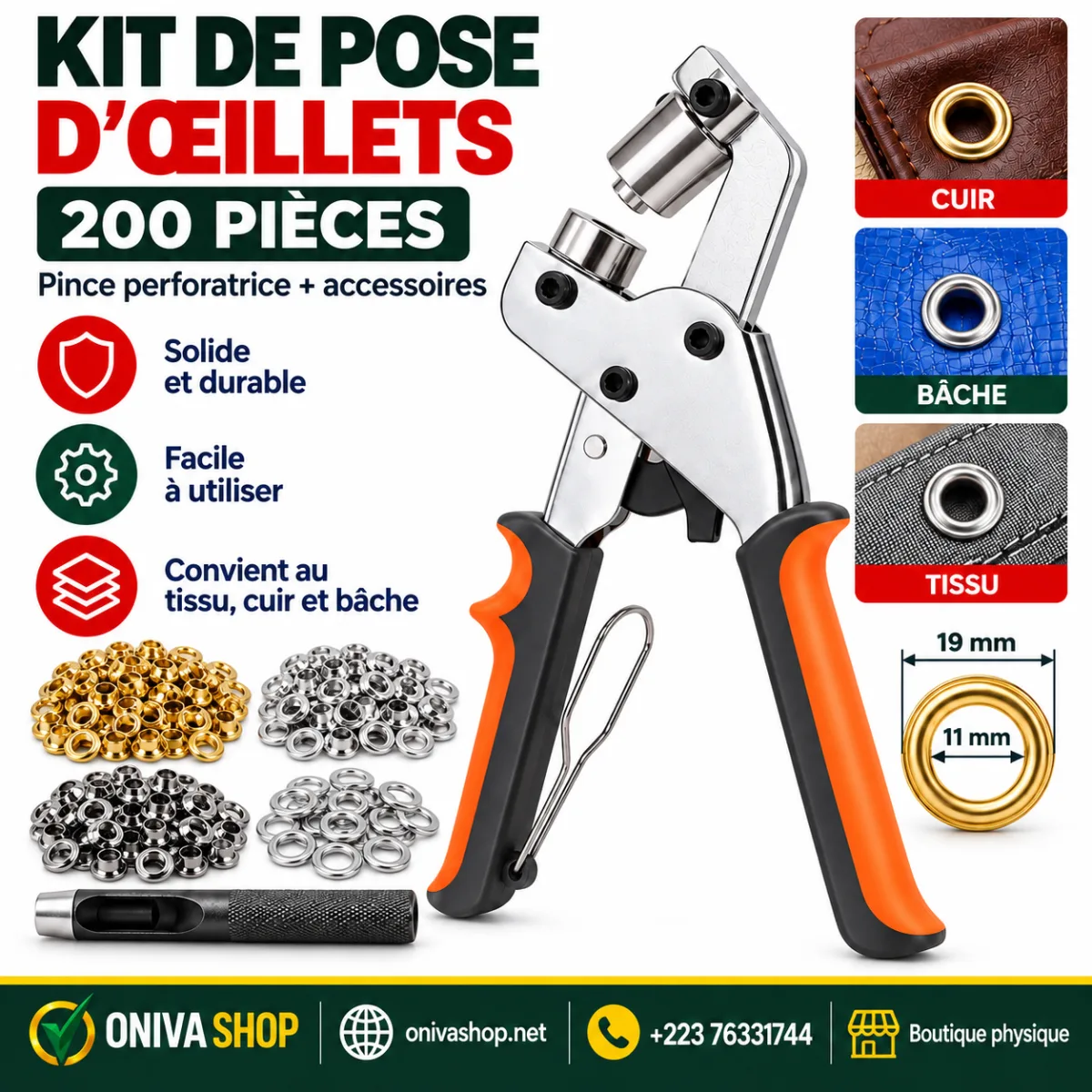 Kit de pose d’œillets manuel – 200 pièces – pince perforatrice