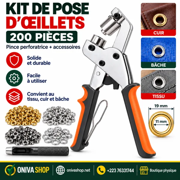 Kit de pose d’œillets manuel – 200 pièces – pince perforatrice