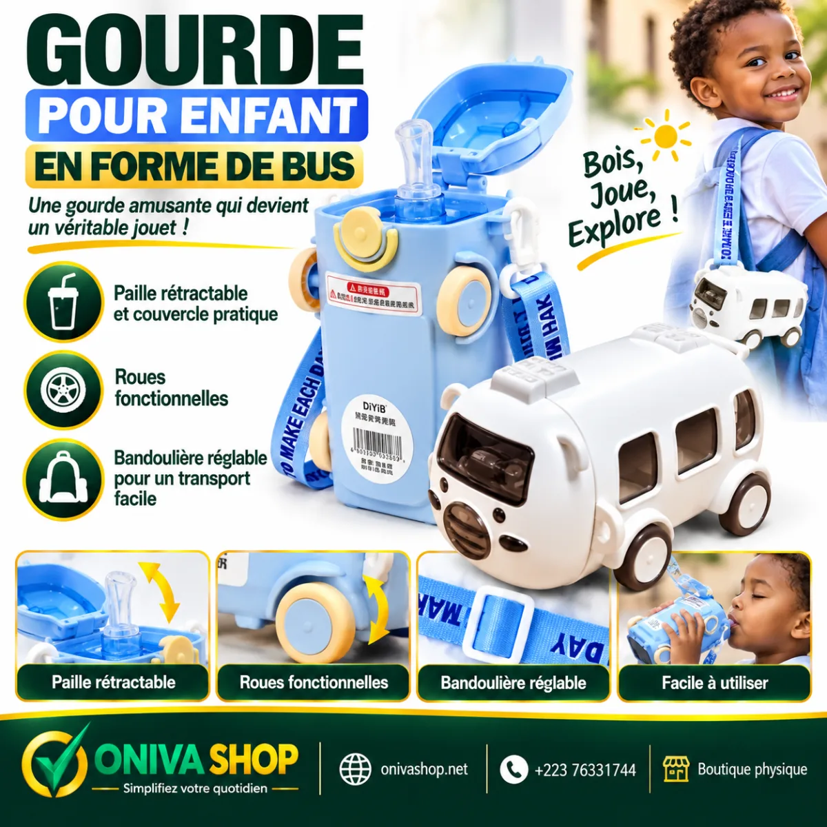 Gourde enfant 500 ml en forme de bus avec paille et bandoulière