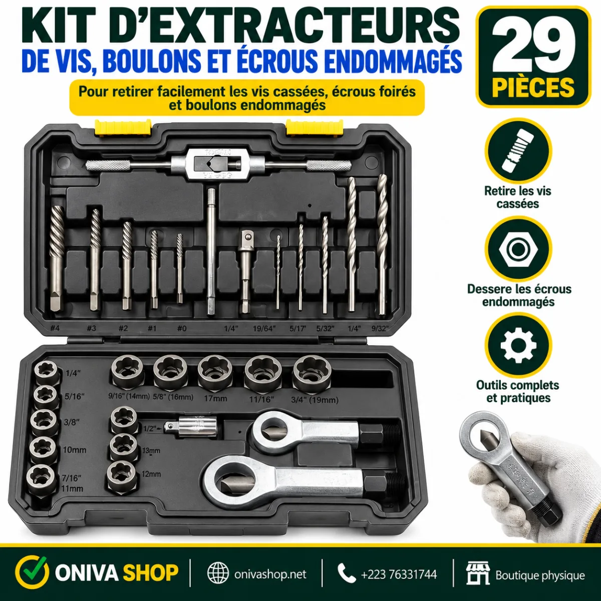 Kit d’extracteurs de vis, boulons et écrous endommagés – 29 pièces