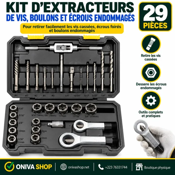 Kit d’extracteurs de vis, boulons et écrous endommagés – 29 pièces