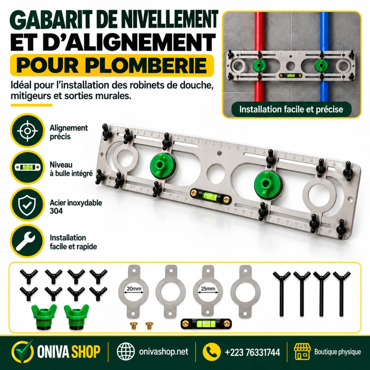 Gabarit de nivellement et d’alignement pour plomberie en acier inoxydable 304
