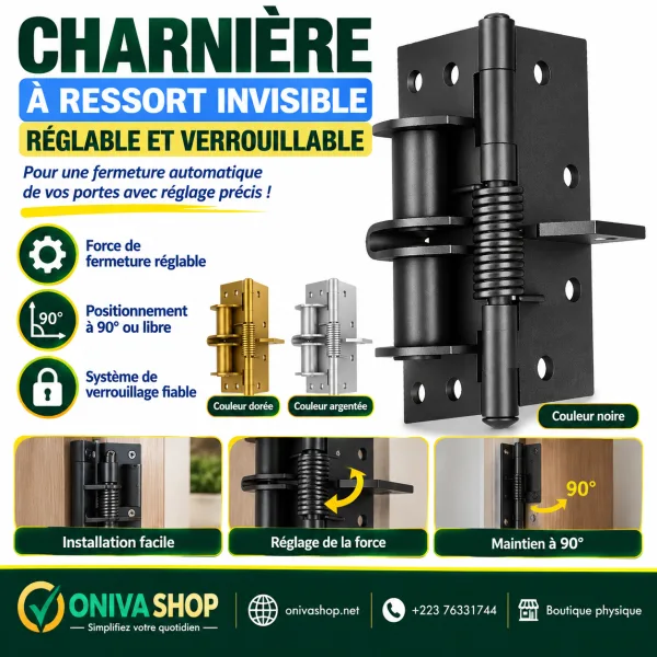 Charnière automatique 3-en-1 à ressort réglable avec maintien à 90°