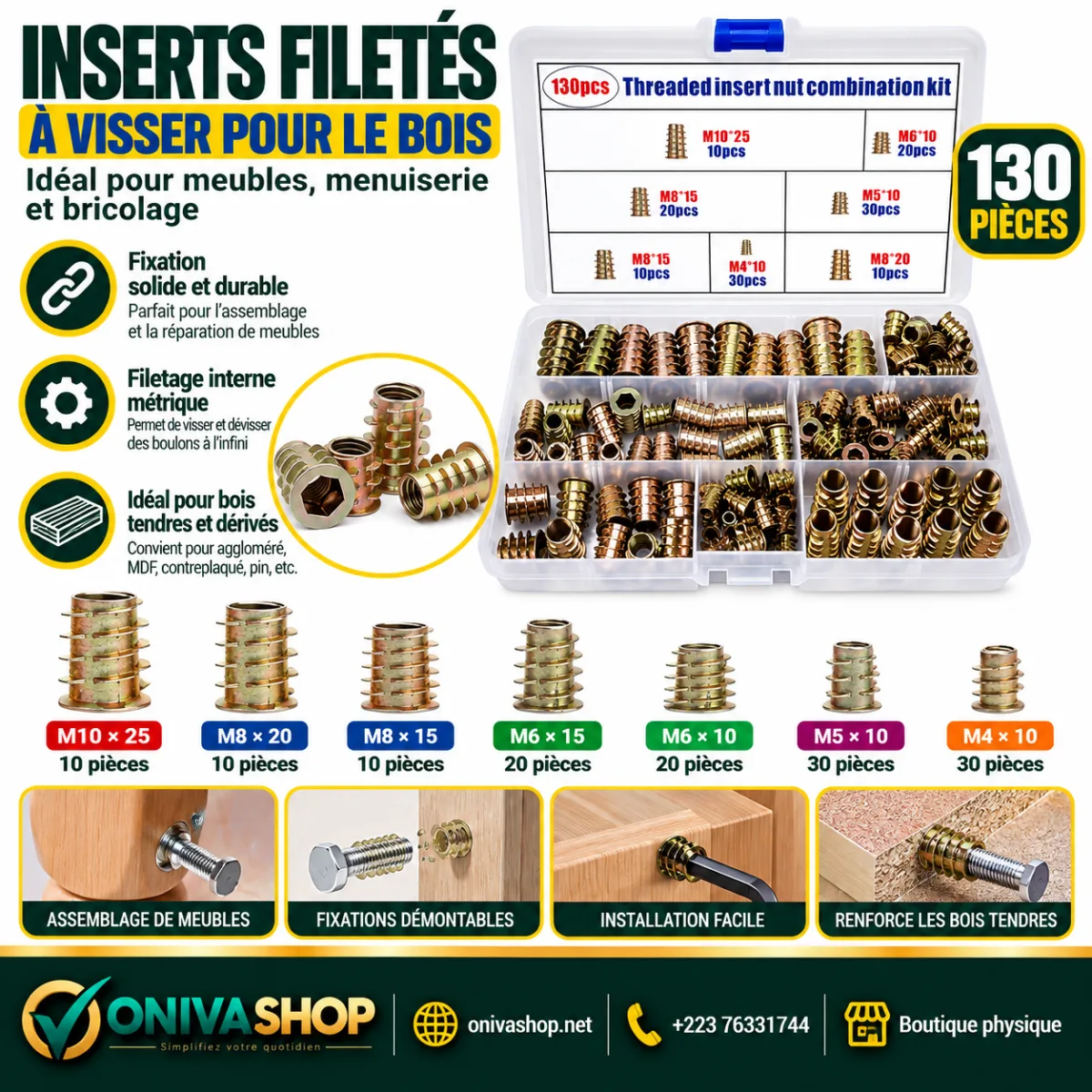 Coffret d’inserts filetés à visser pour bois – 130 pièces M4 à M10