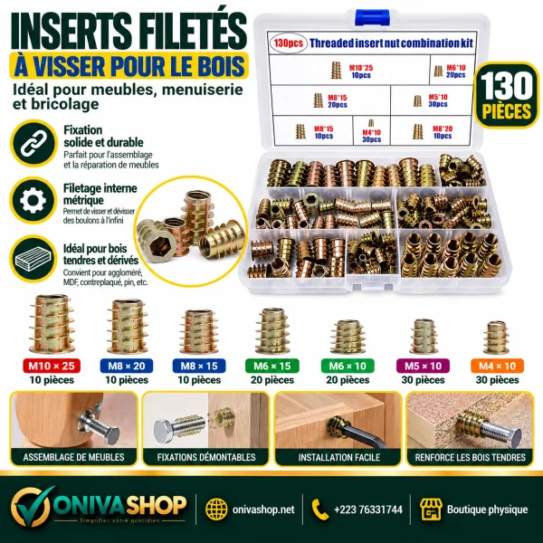 Coffret d’inserts filetés à visser pour bois – 130 pièces M4 à M10