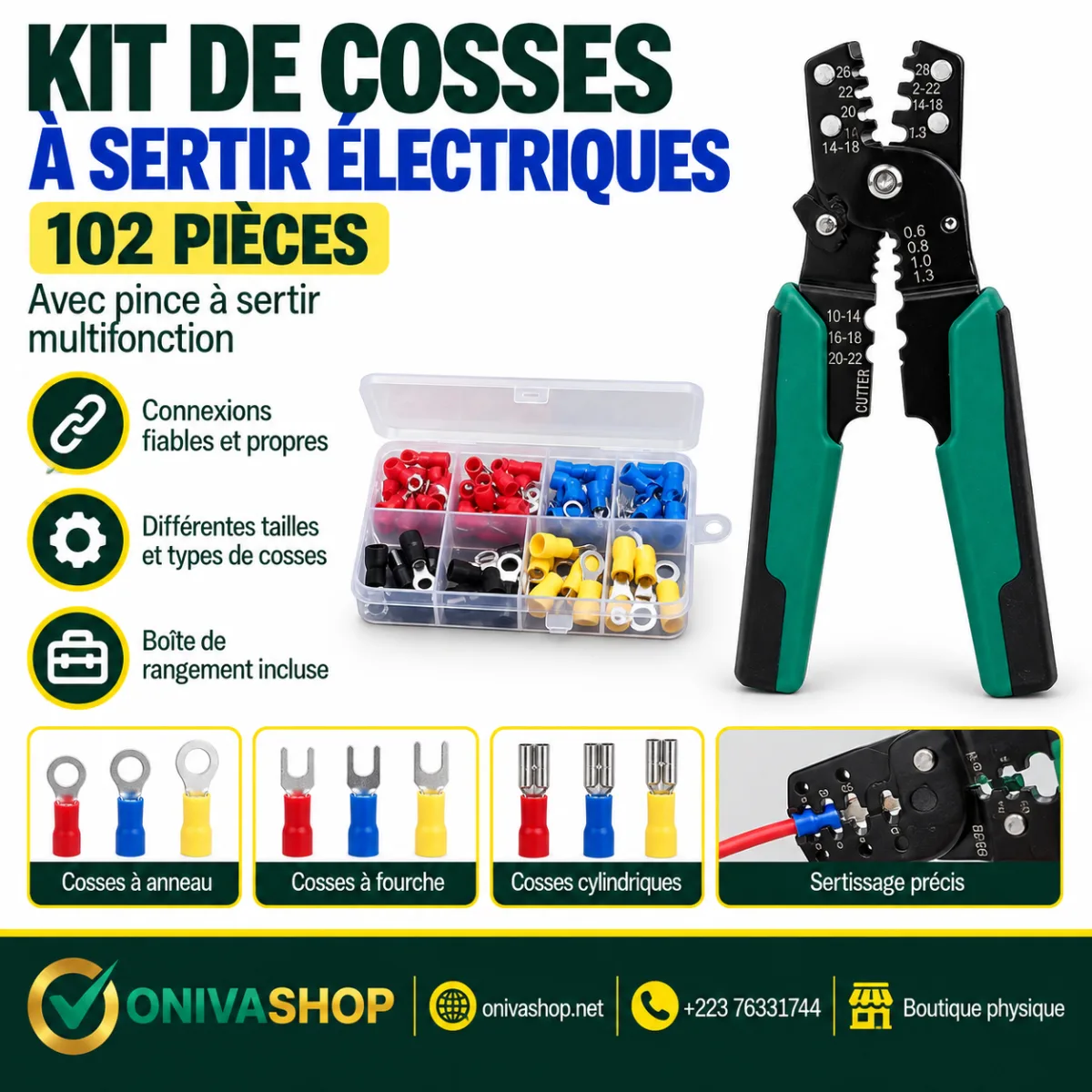 Kit de cosses électriques à sertir avec pince multifonction – assortiment 102 cosses