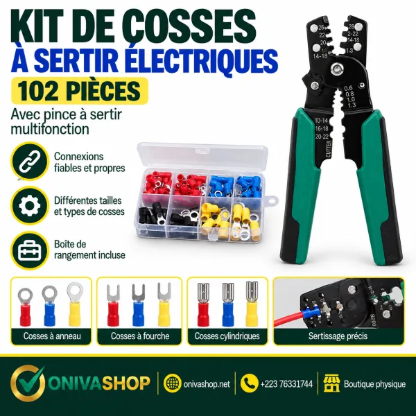 Kit de cosses électriques à sertir avec pince multifonction – assortiment 102 cosses