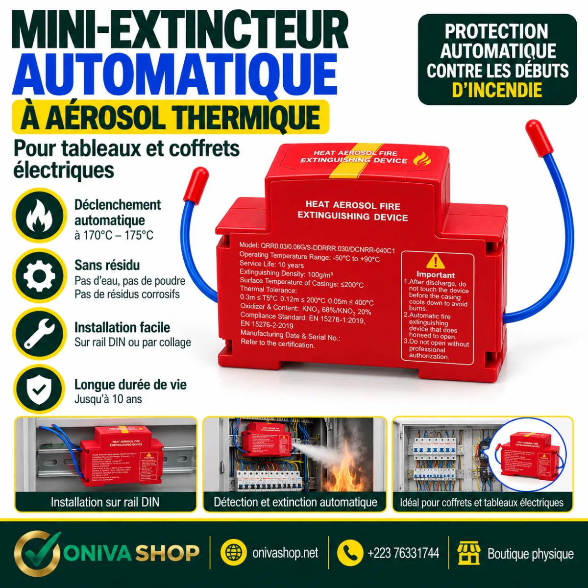 Mini-extincteur automatique à aérosol thermique pour tableaux électriques