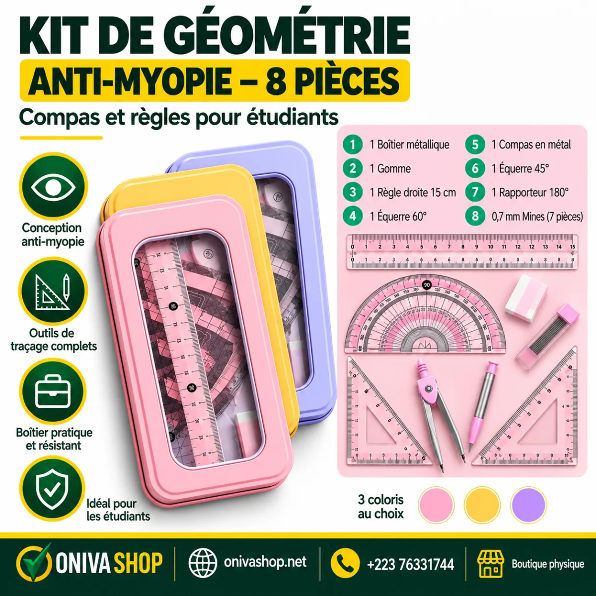 Kit de Géométrie Premium 8 Pièces Anti-Myopie – avec compas et boîtier métallique