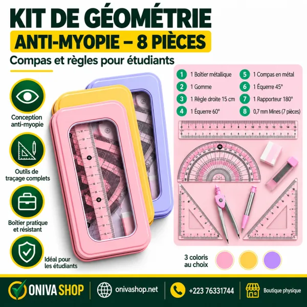 Kit de Géométrie Premium 8 Pièces Anti-Myopie – avec compas et boîtier métallique