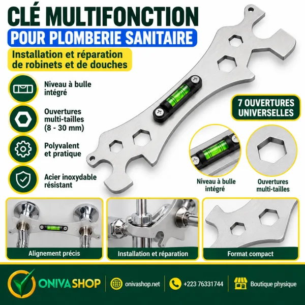 Clé multifonction pour plomberie sanitaire avec niveau à bulle – 8 à 30 mm