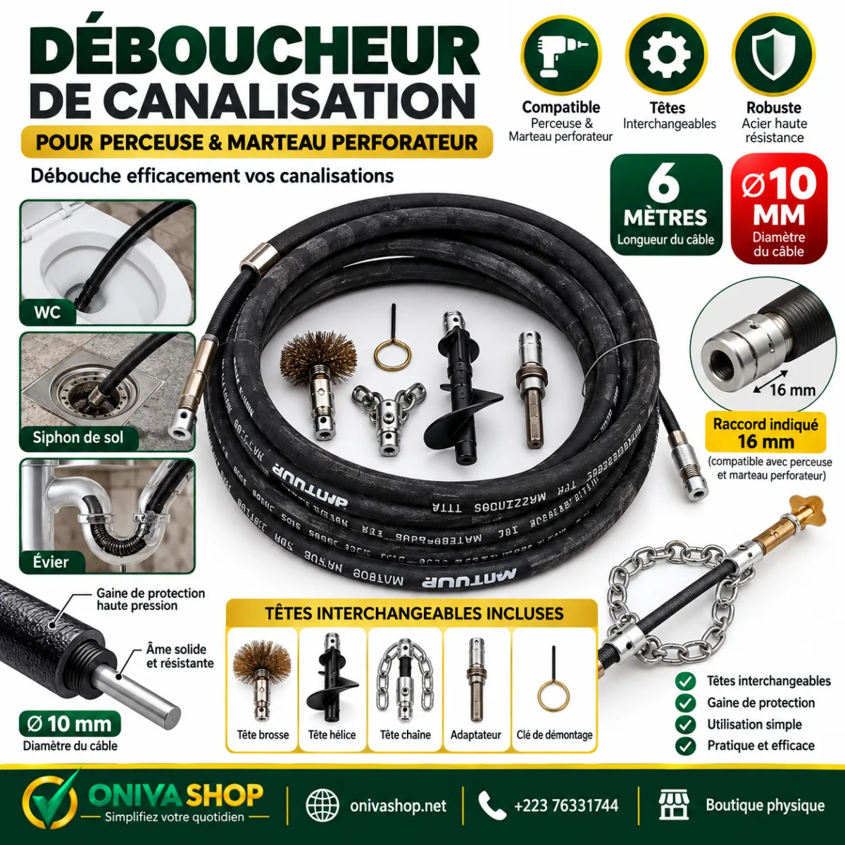 Déboucheur de canalisation 6 m × 10 mm pour perceuse
