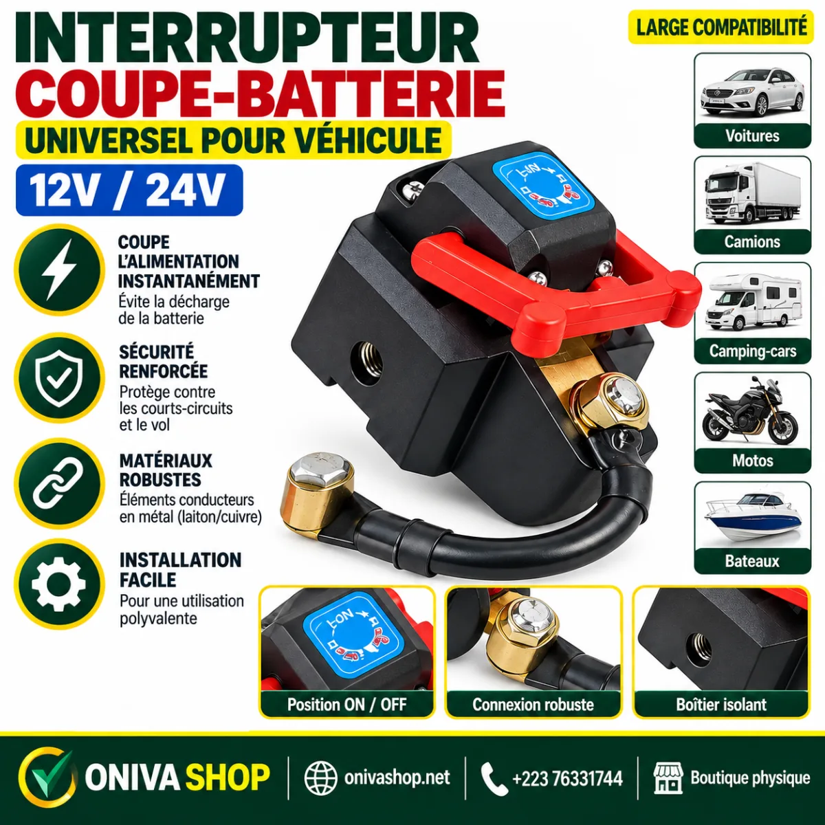 Interrupteur coupe-batterie universel 12 V / 24 V pour véhicule