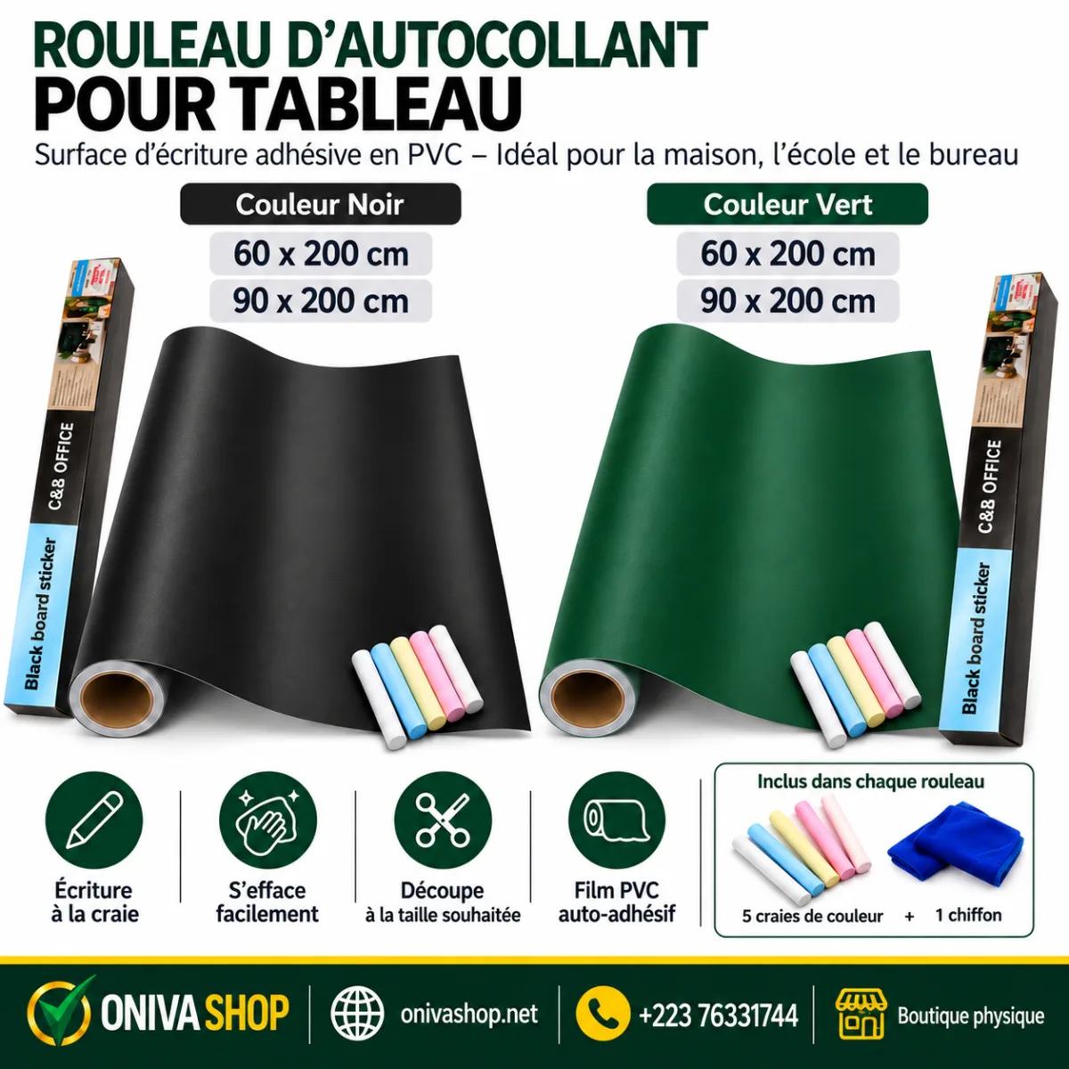 Film Tableau Noir Autocollant Premium PET Réutilisable – 60×200 cm / 90×200 cm