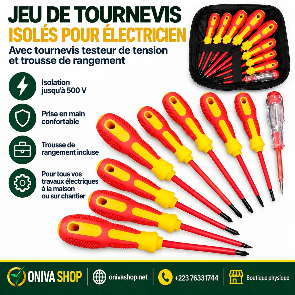 Jeu de tournevis isolés pour électricien avec testeur de tension et trousse