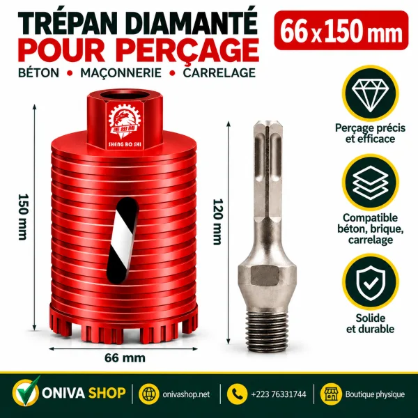 Trépan diamanté pour béton et maçonnerie – Ø 66 × 150 mm avec adaptateur