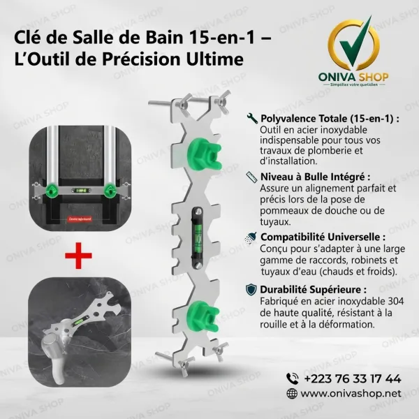 Clé Multifonction 15-en-1 pour Salle de Bain avec Niveau à Bulle