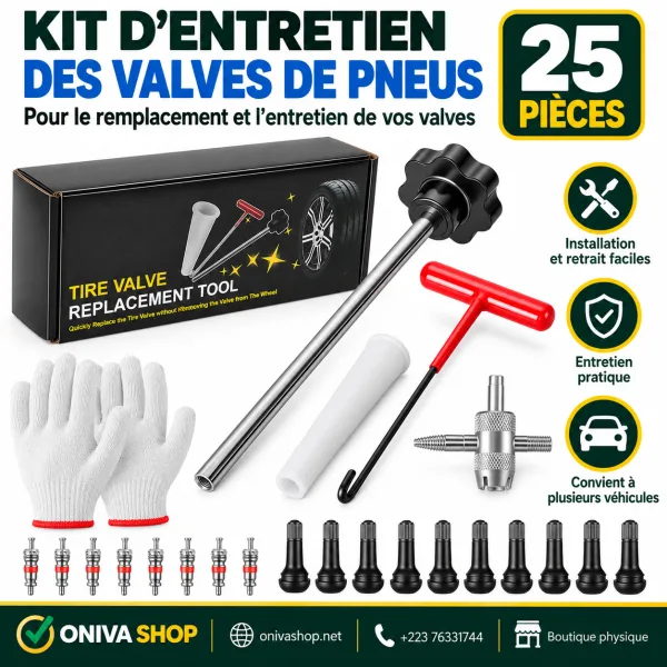Kit d’entretien et de remplacement de valves de pneus – 25 pièces