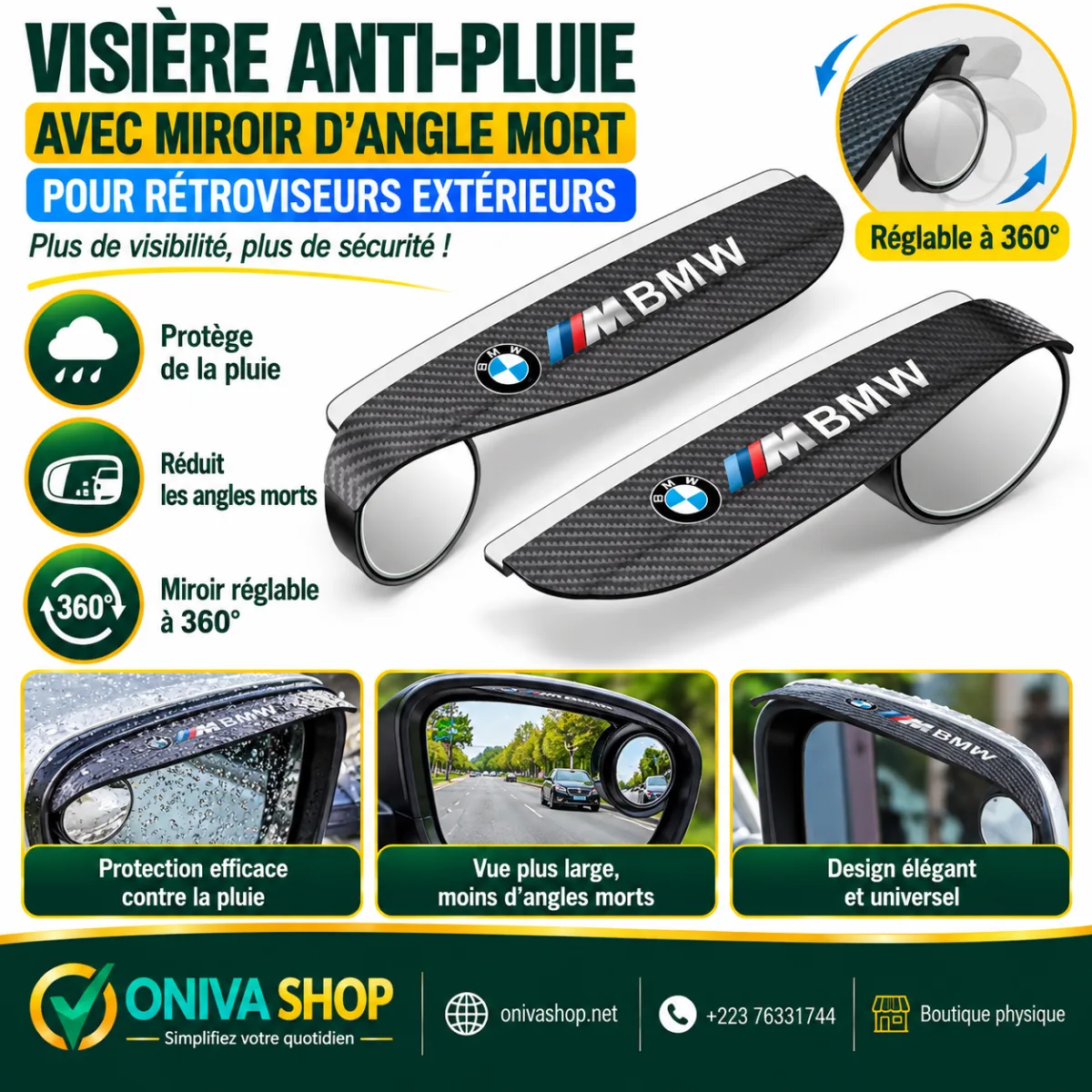 Visières anti-pluie 2-en-1 avec miroirs d’angle mort 360° – Paire