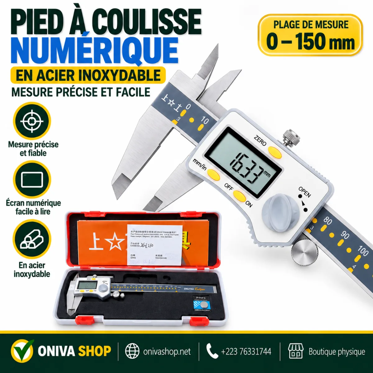 Pied à coulisse numérique 0–150 mm en acier inoxydable