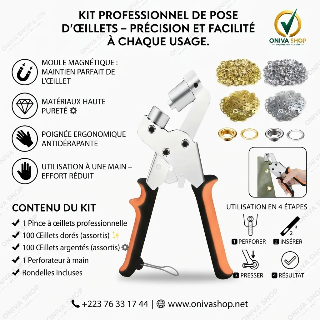 Kit Professionnel de Pose d'Œillets avec Pince – 202 Pièces