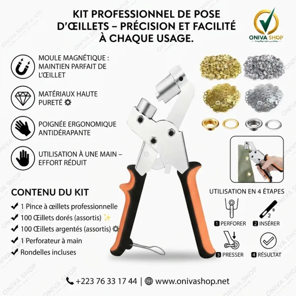 Kit Professionnel de Pose d'Œillets avec Pince – 202 Pièces
