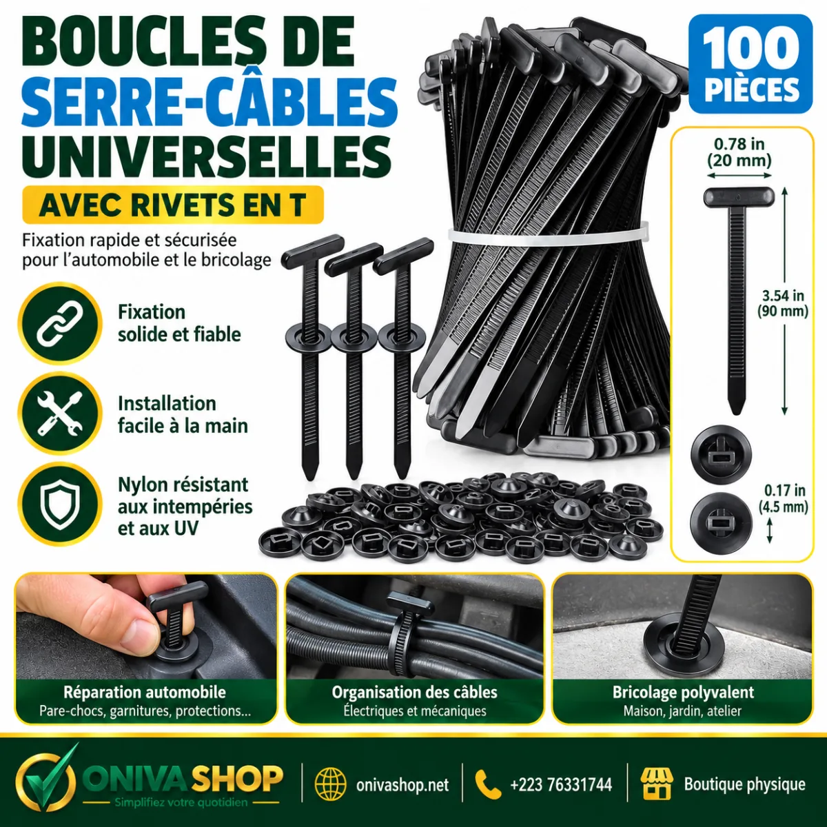 Boucles serre-câbles universelles à rivets en T – 100 pièces