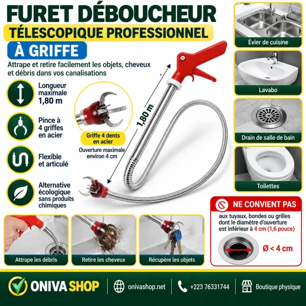 Furet déboucheur flexible à griffe 4 dents – 1,80 m