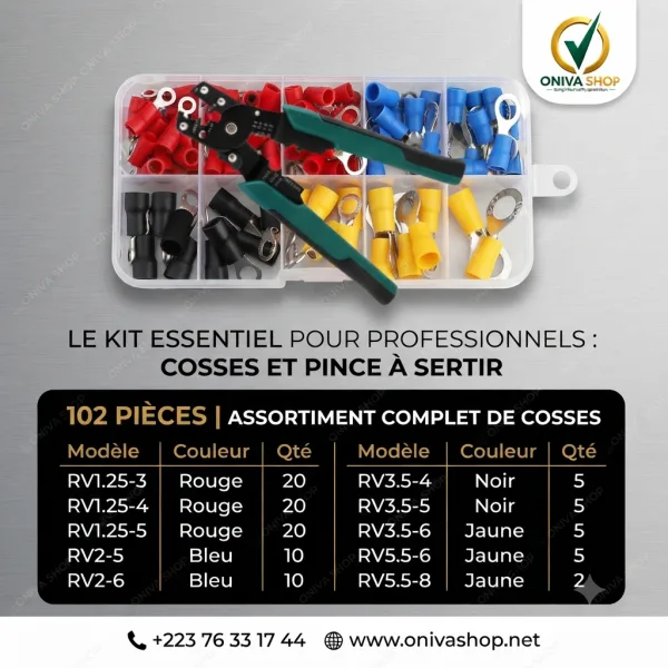 Kit de Cosses Électriques 102 Pièces avec Pince à Sertir