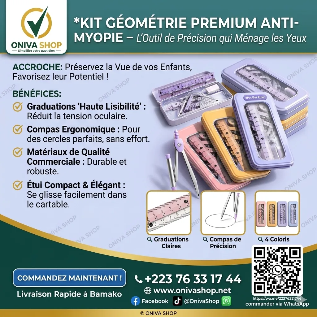 Kit de Géométrie Premium 8 Pièces Anti-Myopie – Compas, Règle, Équerres et Rapporteur