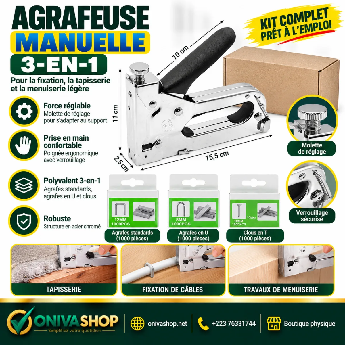 Agrafeuse manuelle 3-en-1 à force réglable – Kit avec agrafes et clous