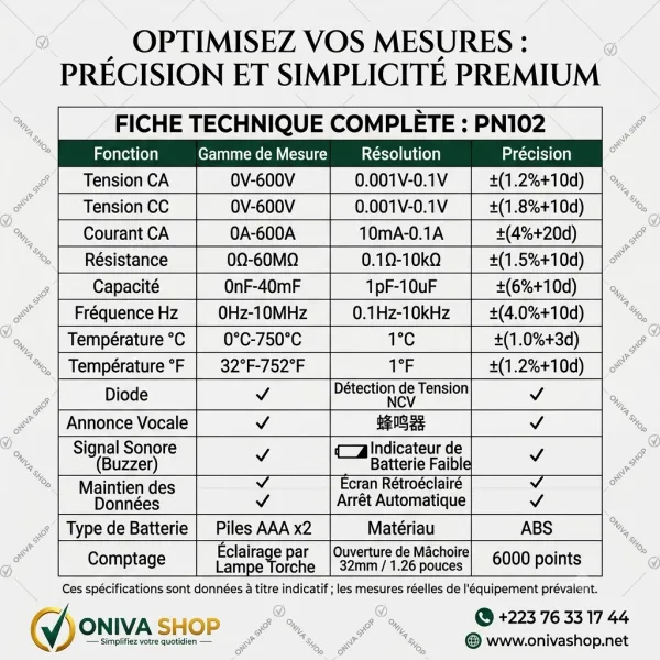 Pince Ampèremétrique Numérique ANENG PN102+ – 600 A AC – Multimètre Intelligent avec NCV et Annonce Vocale — vue 3