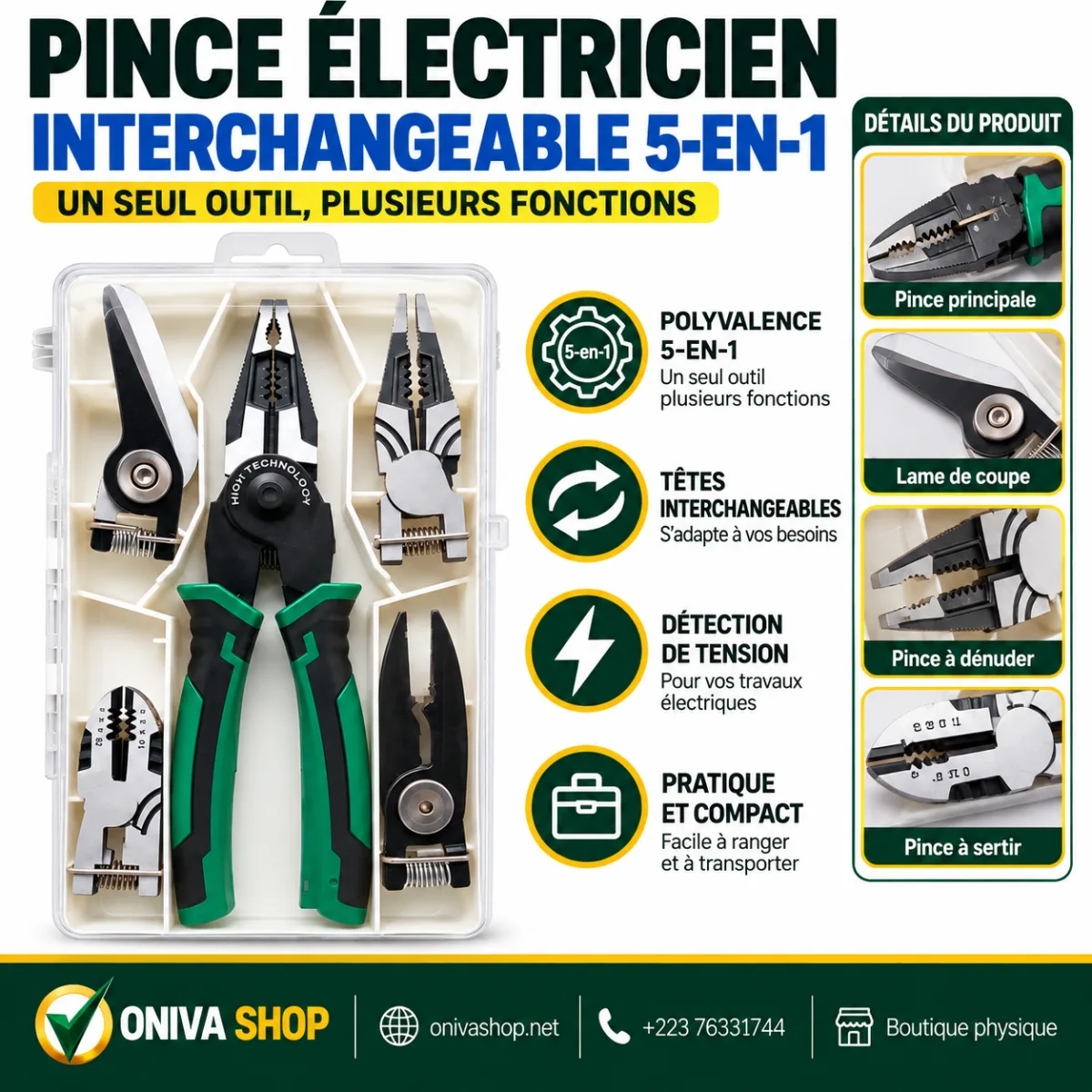 Pince d’électricien interchangeable 5-en-1 avec têtes multifonctions et coffret