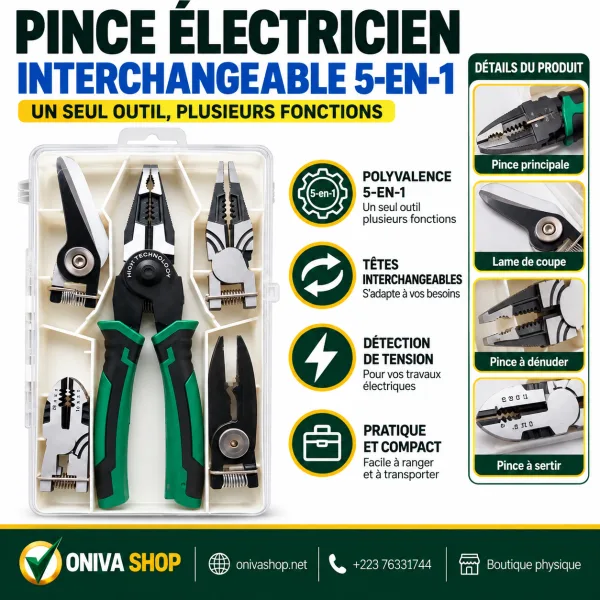 Pince d’électricien interchangeable 5-en-1 avec têtes multifonctions et coffret