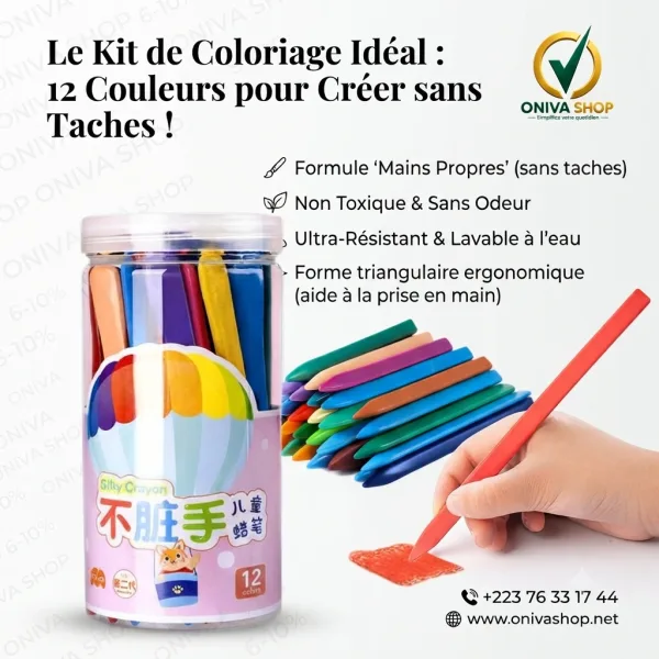 Kit de Crayons de Coloriage Lavables 12 Couleurs – Mains Propres