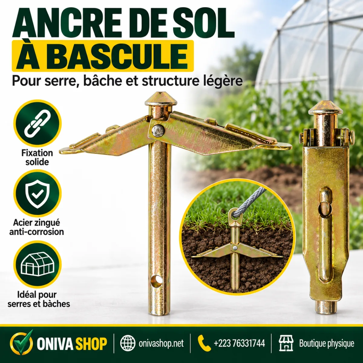 Ancre de sol mécanique à bascule pour serre, bâche et structure légère