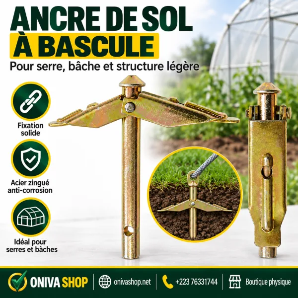 Ancre de sol mécanique à bascule pour serre, bâche et structure légère