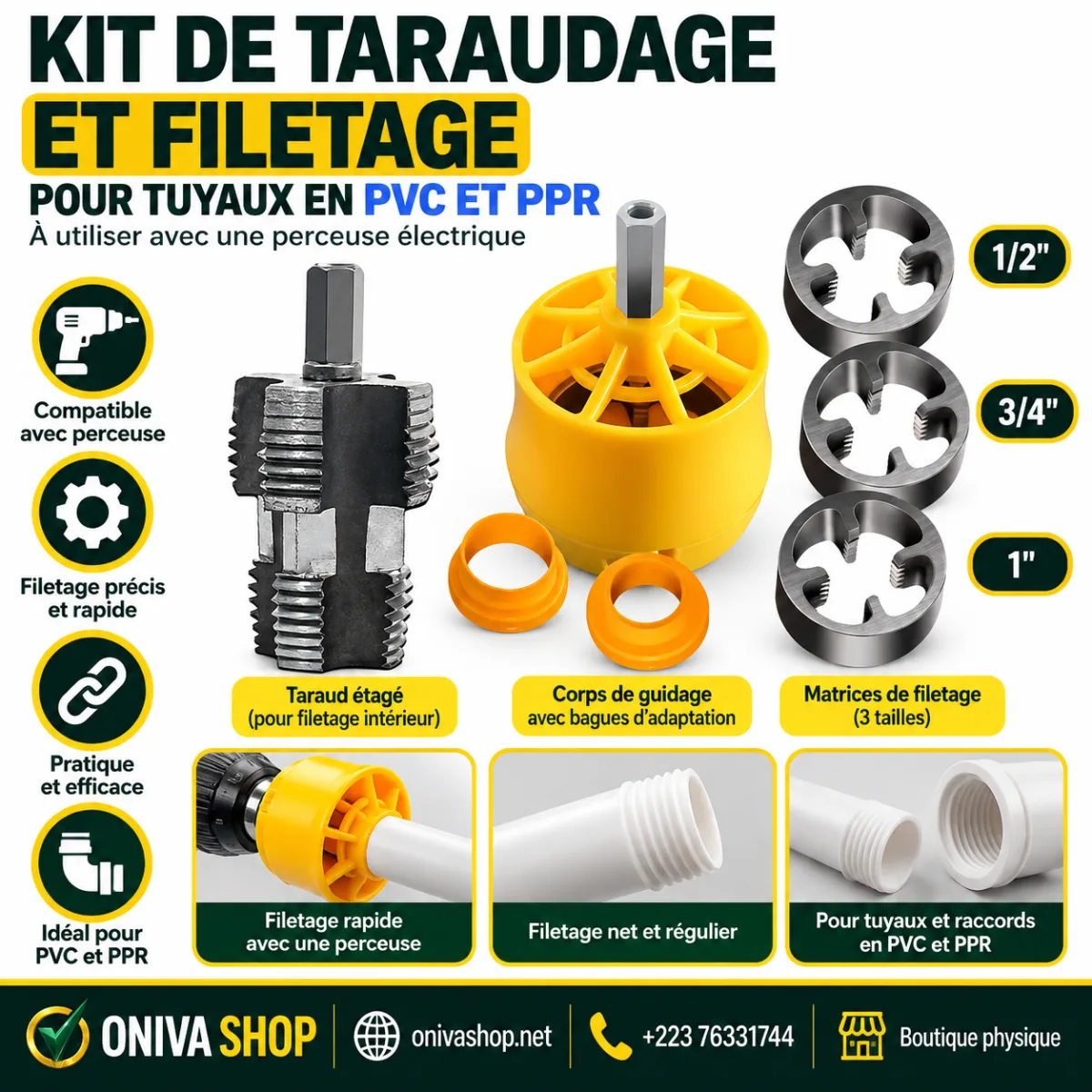 Kit de taraudage et filetage pour tuyaux PVC/PPR – 1/2", 3/4" et 1"