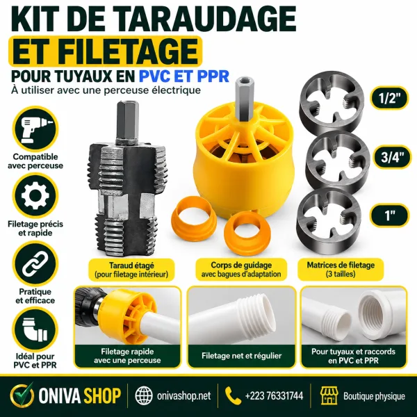 Kit de taraudage et filetage pour tuyaux PVC/PPR – 1/2", 3/4" et 1"
